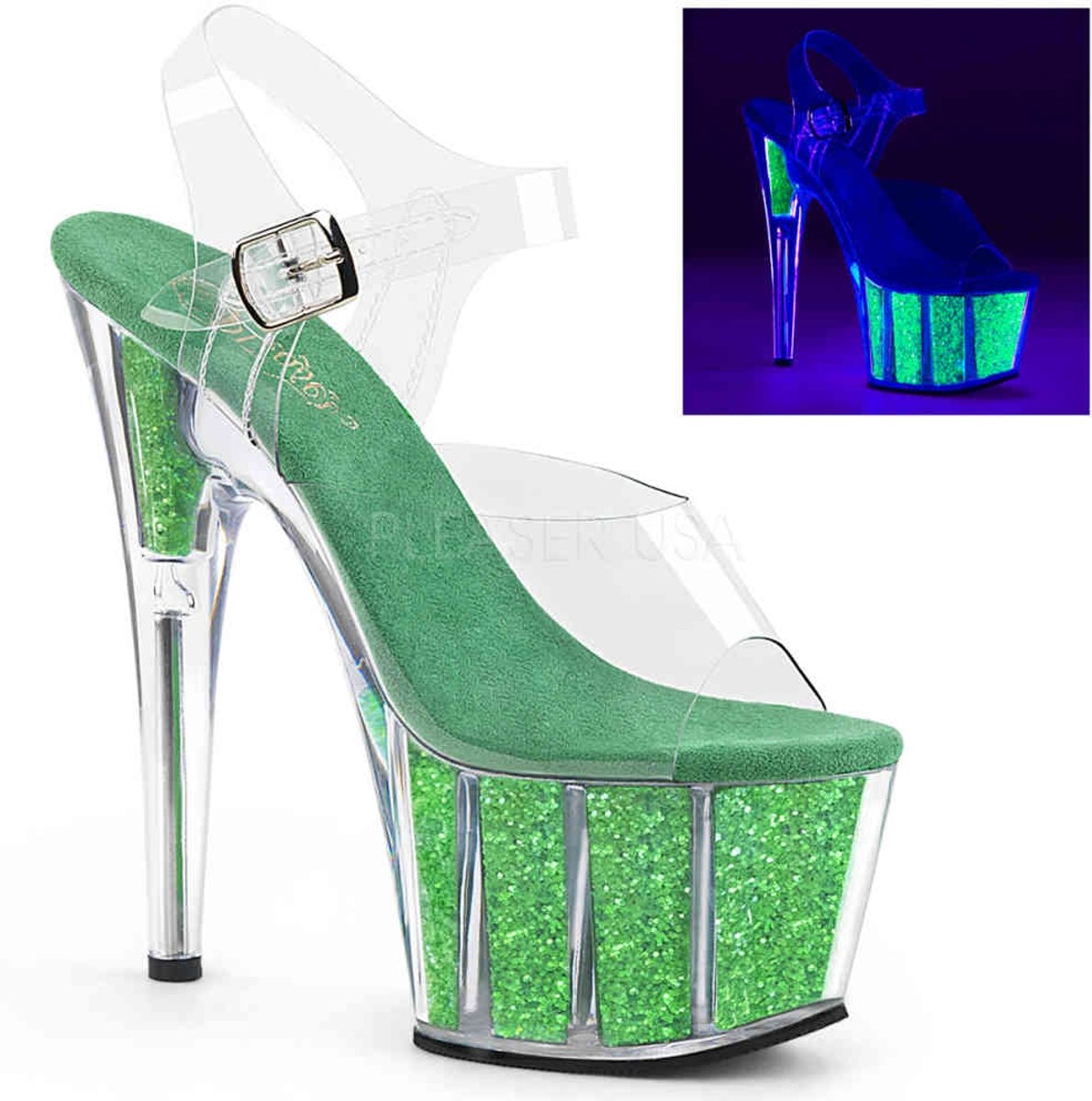 EU 39 = US 9 | ADORE-708UVG | 7 Heel, 2 3/4 PF Ankle Strap Sandal w/ Glitter Inserts